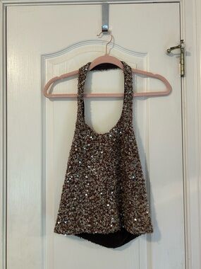Siedres Juli Fitted Sequin Halter Tank Top in Brown